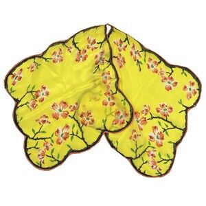 Vintage Asian Floral Silk Hanky Scarf Scalloped Edges Yellow Double Hankie *READ